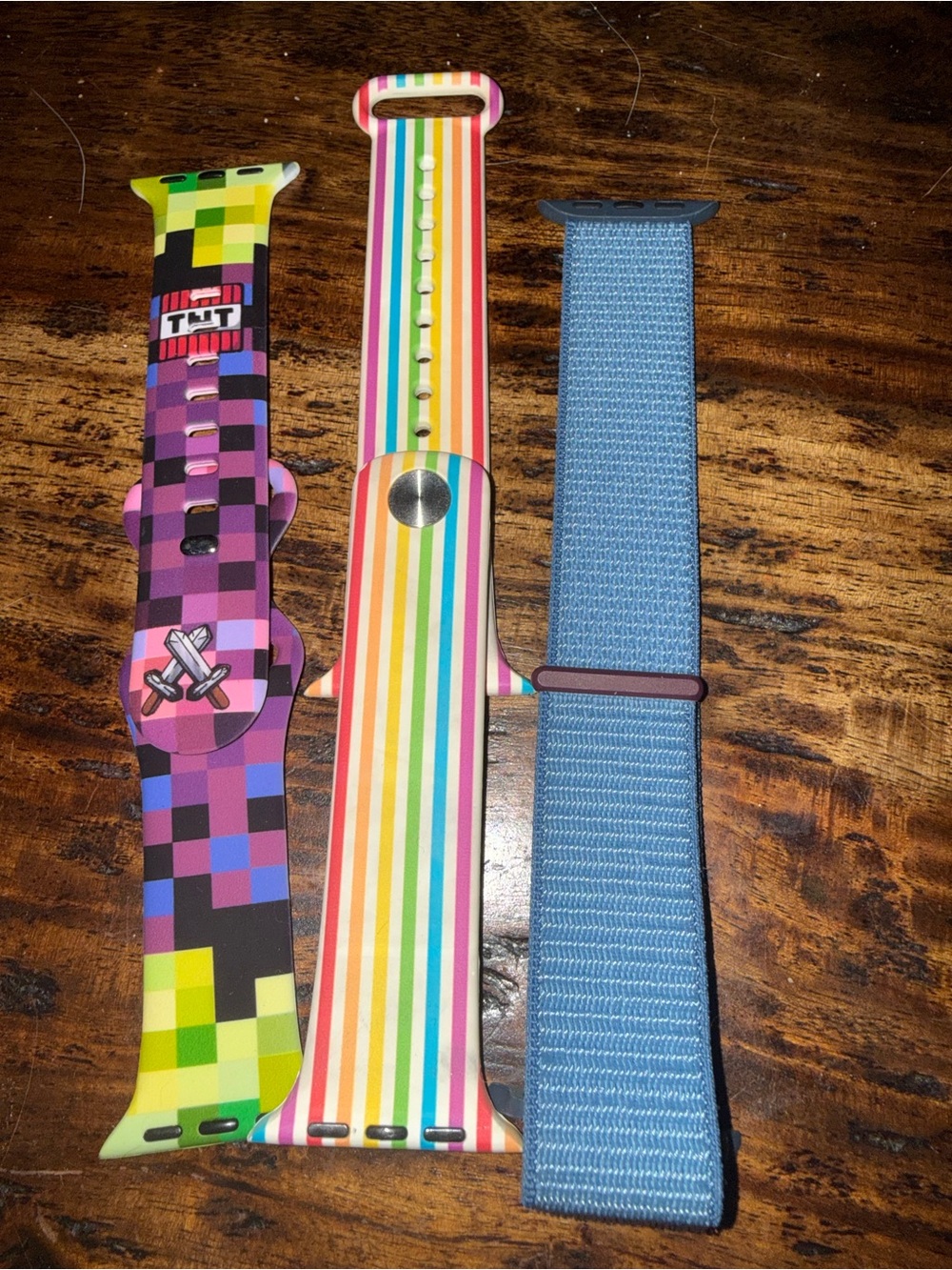 Apple Watch replacement bands. Pride, Minecraft, elastic blue.